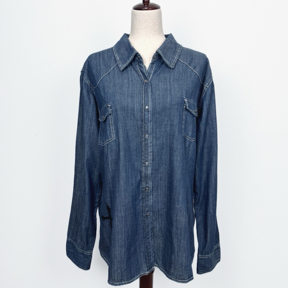 Chambray Pearl Snap Denim Top Womens XXL Blue Button Up Collared Studded Western